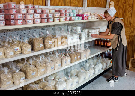 Illinois Arthur,Shady Crest Orchard & Farm Market,femme femme femme femme,Amish,cap,bonnet,employé travailleurs travaillant personnel,travail,stockage étagères,I Banque D'Images