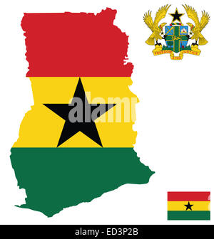 Drapeau et armoiries nationales de la République du Ghana en superposition sur la carte Plan détaillé Banque D'Images