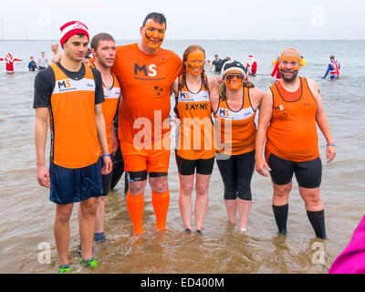 Cleveland, UK. Dec 26, 2014. Les participants de la Société canadienne de la sclérose en plaques pose dans la mer dans le traditionnel Boxing Day charity 'Dip' à Redcar Cleveland UK 26 décembre 2014 Crédit : Peter Jordan NE/Alamy Live News Banque D'Images