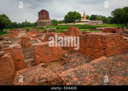 Ruines de structures en briques au complexe Dhamek stupa à Sarnath, à la périphérie de Varanasi, Uttar Pradesh, Inde. Banque D'Images