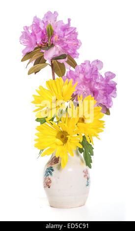 Un printemps bouquet de chrysanthèmes jaunes et lavande rhodoendrons PJM dans un vase en céramique. Banque D'Images
