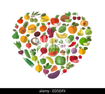 La nourriture, l'insuffisance cardiaque. Les fruits et légumes ensemble d'icônes Banque D'Images