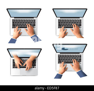 La main d'affaires sur votre ordinateur portable avec clavier écran ouvert vector illustration Banque D'Images