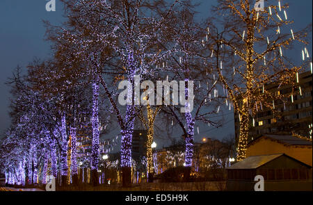 Moscou - le 30 décembre 2013 : les arbres illuminés pour Noël et Nouvel An vacances sur place Pushkinskaya. Banque D'Images