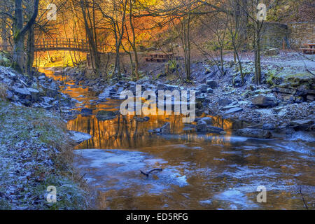 Les magnifiques tons un naufrage faible soleil d'hiver sur un petit cours d'eau dans Wensleydale à Hardraw dans le Yorkshire Dales National Park, Banque D'Images