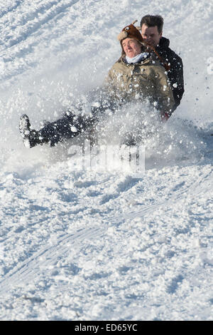 Karslruhe, Allemagne. 28 Dec, 2014. Après chute de neige noël apporte des skieurs et tobogganers et leurs animaux domestiques. Karlsruhe, Allemagne. Crédit : Guy Bell/Alamy Live News Banque D'Images