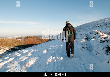 Long Mynd, Shropshire, au Royaume-Uni. 29 Décembre, 2014. Royaume-uni météo : soleil d'hiver baigne la glorieuse UK donnant les randonneurs d'hiver merveilleux treks sur des collines couvertes de neige avec la baisse des températures en dessous de zéro en 2014 arrive à sa fin ici un homme marche le long d'une couverte de neige et de superbes long Mynd, dans le Shropshire, donnant sur les collines sur une magnifique journée d'hiver à pied. Crédit : Jane Williams/Alamy Live News Banque D'Images