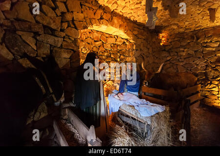 Priscos, Portugal. plus grand européen vivant ou crèche vivante. Sainte famille, l'enfant Jésus Christ, Marie et Joseph dans l'étable ou stable. voir plus d'informations /// naissance, la naissance, Madonna, Vierge Marie, saint, crèche, crèche, hay, noël, âne, vache, bibliques, reconstitution historique, la représentation historique, terre sainte, la culture populaire, l'art populaire, la tradition, le théâtre, les acteurs, les costumes, la religion, religieux, Bethléem, chrétienne, catholique, priscos, portugal, europe, Banque D'Images