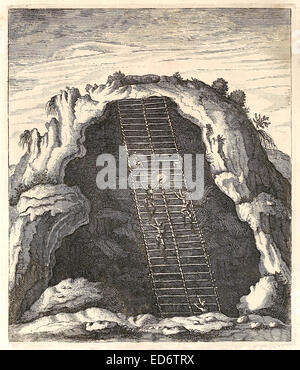 Calarum "mira fabrica" 17ème siècle illustration de l'échelle dans les mines, l'argent, probablement du Pérou avec escalade mineurs tenant un flambeau et de paniers sur le dos contenant du minerai. Voir la description pour plus d'informations. Banque D'Images