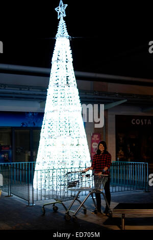 Jeune fille avec des chariots vides autour de l'arbre de Noël passé à aller jusque tard en soirée shopping Banque D'Images