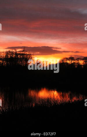 Solstice d'hiver coucher du soleil reflétée dans l'eau à Lakeside Country Park, Eastleigh, Hampshire, England, UK Banque D'Images