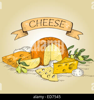 Le fromage. La composition avec différents fromages. Graphique dessiné à la main Banque D'Images