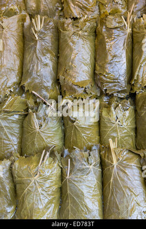 Les feuilles de vigne farcies à l'écran pour la vente au marché alimentaire dans le quartier de Kadikoy côté asiatique d'Istanbul, est de la Turquie Banque D'Images