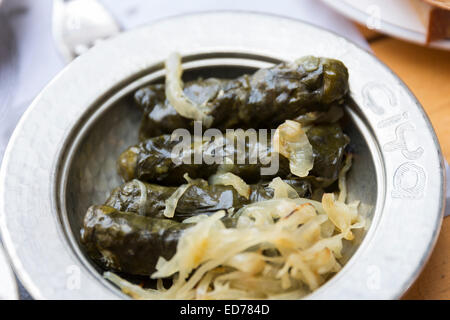 Les feuilles de vigne farcies Ciya Sofrasi plaque au restaurant turc, quartier Kadikoy côté asiatique d'Istanbul, est de la Turquie Banque D'Images