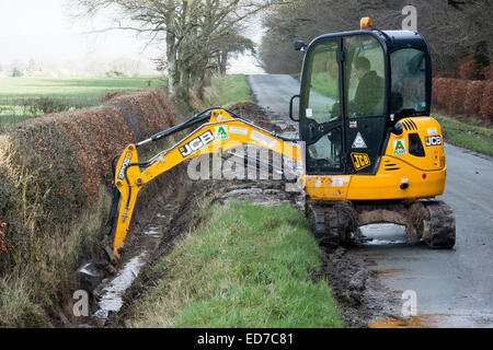 Le nettoyage des fossés de drainage en bordure de route qui avait été envahi par l'utilisation d'un JCB digger. Banque D'Images