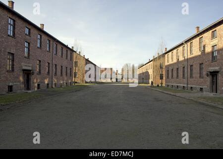 Vue de l'Appellplatz', l'appel square entre 'Blocs' 6 et 5 (avant) et 17 et 16 (retour) à l'ancien camp de concentration d'Auschwitz à Oswiecim, Pologne, 12 décembre 2014. La place a été utilisé pour les appels et les actions punitives sur les prisonniers. Camp de concentration d'Auschwitz a été finalement libéré par l'armée soviétique le 27 janvier 1945. Autour de 1,1 millions de personnes, primeraly les Juifs de toute l'Europe, ont été assassinés dans le camp d'Auschwitz-Birkenau entre 1940 et 1945. Les locaux de l'ancien camp de concentration, qui est un site classé au Patrimoine Mondial de l'UNESCO, a été un m Banque D'Images