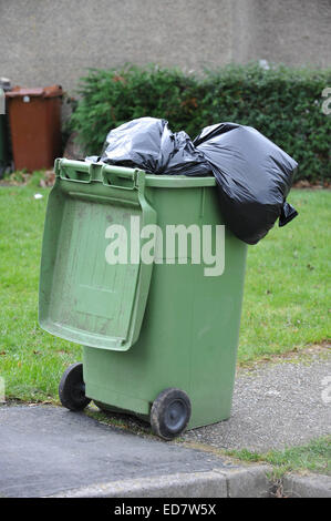 Gwynedd Conseil trois semaine Bin Collection Dolgellau, Gwynedd, Pays de Galles, UK, 31/12/2014 détritus accumulés au cours de la période de Noël Banque D'Images