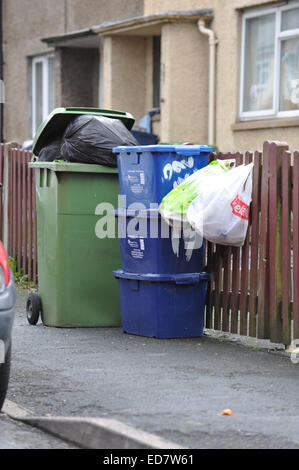 Gwynedd Conseil trois semaine Bin Collection Dolgellau, Gwynedd, Pays de Galles, UK, 31/12/2014 détritus accumulés au cours de la période de Noël Banque D'Images