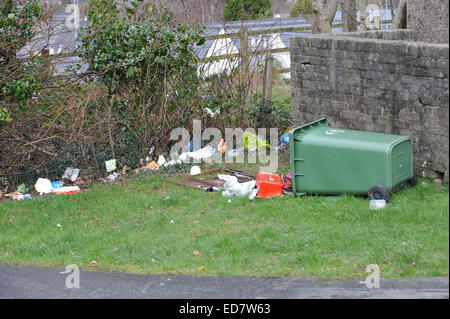 Gwynedd Conseil trois semaine Bin Collection Dolgellau, Gwynedd, Pays de Galles, UK, 31/12/2014 détritus accumulés au cours de la période de Noël Banque D'Images