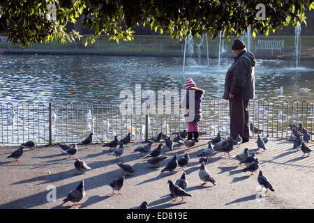 Les gens nourrir les oiseaux en hiver, Jephson Jardins, Leamington Spa, Royaume-Uni Banque D'Images