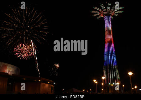 New York, USA. 1er janvier 2015. Saut en parachute Coney Island New York est allumé pour le compte à rebours pour la nouvelle année après, un spectacle de feux d'artifice à fêter la nouvelle année Crédit : Bruce Cotler/Globe Photos/ZUMA/Alamy Fil Live News Banque D'Images