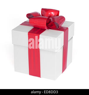 Boîte cadeau blanche avec Red Ribbon bow, isolated on white Banque D'Images