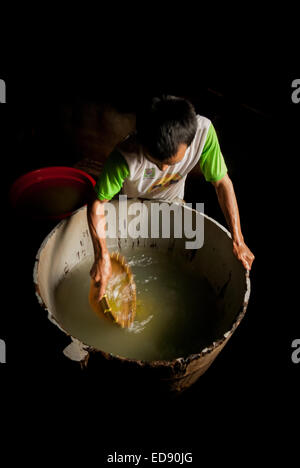 Un travailleur qui agite de l'eau dans un baril de bois dans lequel les haricots mung sont immergés dans une industrie domestique de production de germes de haricots à Jakarta, en Indonésie. Banque D'Images