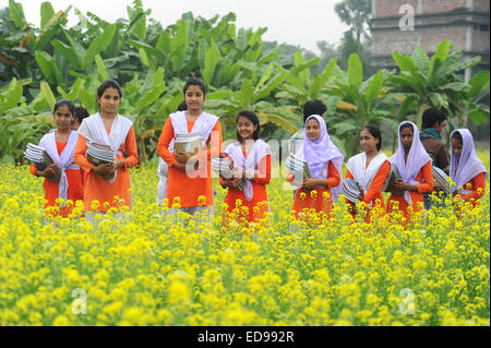 Village du Bangladesh les filles vont à l'école dans le champ avec les manuels scolaires à l'extérieur rassemblement de Dhaka. Banque D'Images