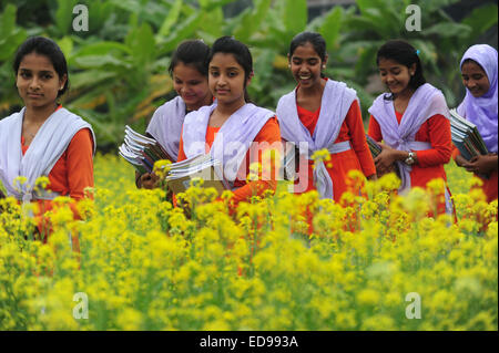 Village du Bangladesh les filles vont à l'école dans le champ avec les manuels scolaires à l'extérieur rassemblement de Dhaka. Banque D'Images