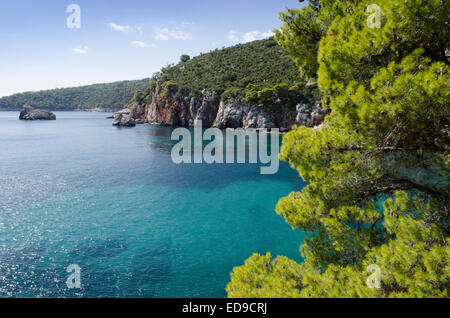 Staphylos ou Stafilos, vue sur la côte depuis le chemin qui descend vers la plage. Skopelos, l''île grecque. Octobre. Banque D'Images