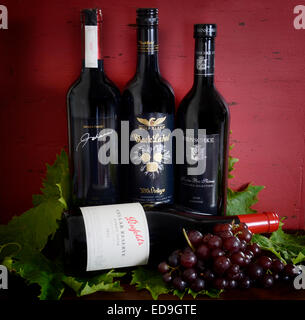 Australian premium export du vin de qualité avec des bouteilles de Jacobs Creek, Wolf Blass, Henschke, Penfolds et vin rouge vintage Banque D'Images