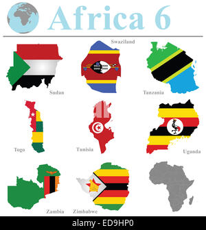 Drapeaux de l'Afrique collection 6 superposées sur contour plan isolé sur fond blanc Banque D'Images