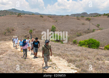 Les touristes sur une promenade guidée à travers le Parc National de Komodo sur l'île de Rinca, à l'Est de Nusa Tenggara, en Indonésie. Banque D'Images