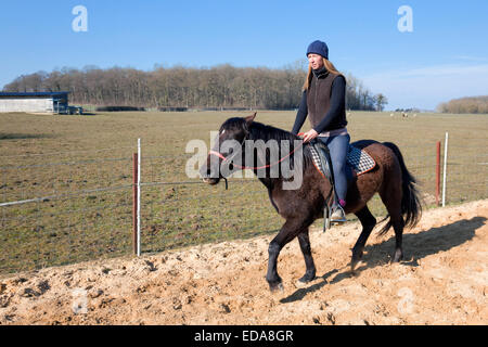 Woman riding a bay pony, Limpach, Luxembourg Banque D'Images