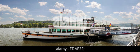 Bateau d'excursion à l'embarcadère, Ruedesheim dans le Rheingau, Hesse, Allemagne Banque D'Images