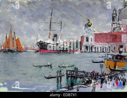 Excursion - Venise, Italie. Journée grise sur le Canal, excursion pier en premier plan, voiliers et grand bateau à vapeur de l'autre côté, la Maison de la douane et une partie de l'Hommage à droite. Les couleurs, gris, vert, noir, rose, marron, rouge, jaune, rose et blanc, sur papier gris bleuâtre, vers 1905 Banque D'Images