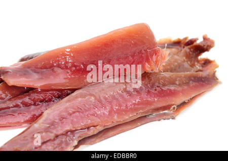 Libre de certains boquerones en vinagre, espagnol anchois marinés, sur un fond blanc Banque D'Images