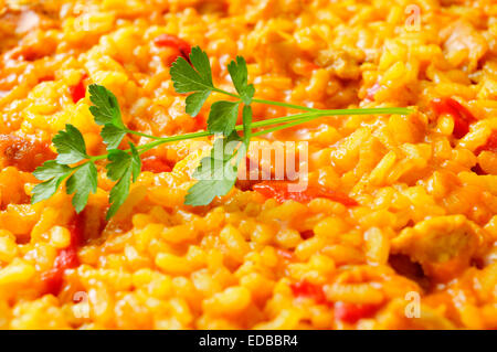 Libre d'une plaque avec l'espagnol paella de poulet Banque D'Images