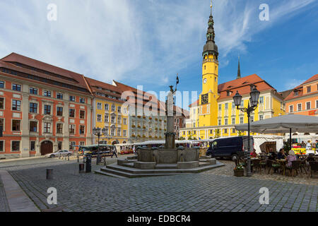 Hôtel de ville avec une fontaine à la place Hauptmarkt, Bautzen, Saxe, Allemagne Banque D'Images