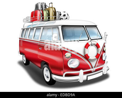 Bus VW, VW Bus T1, l'Allemand vintage car comme un camping-car, rouge et blanc, illustration Banque D'Images