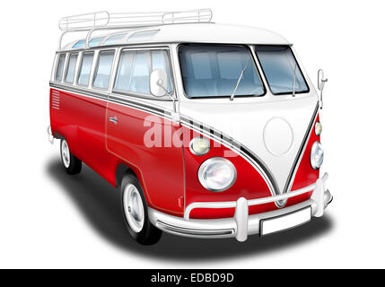 Bus VW, VW Bus T1, l'Allemand vintage car comme un camping-car, rouge et blanc, illustration Banque D'Images