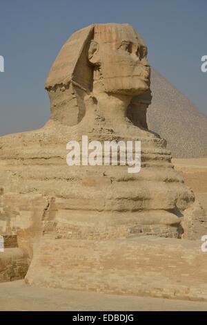 Sphinx ou grand Sphinx de Gizeh, lion à tête humaine, construit au 4ème dynastie égyptienne autour de 2700 avant J.-C., en face de la Banque D'Images