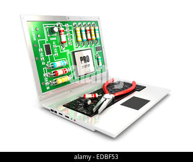 Circuit 3d sur un écran d'ordinateur portable concept, isolé sur fond blanc, image 3D Banque D'Images
