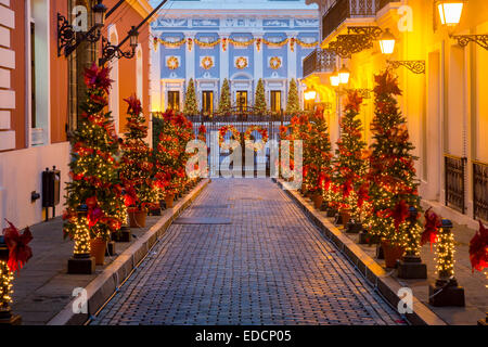 Les lumières de Noël de la route à la Fortaleza - la résidence des gouverneurs, San Juan, Puerto Rico Banque D'Images