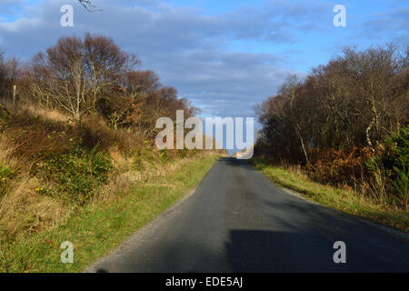 Une route vide sur Islay en Ecosse sous un ciel bleu riche et faible, coudé, soleil de l'après-midi. Banque D'Images