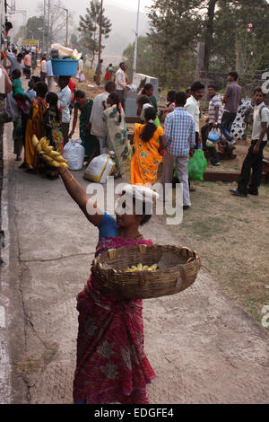 Femme vendant des bananes à une station dans les Ghats orientaux Banque D'Images