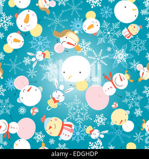 Motif de noël lumineux avec des bonhommes sur un fond bleu avec des flocons Banque D'Images