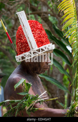 République de Vanuatu, Torres, Loh Island. Ancien du village habillés en coiffe traditionnelle de 'La Danse des Chefs'. Banque D'Images