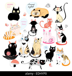 Ensemble de différents chats sur un fond blanc. Vector illustration Banque D'Images