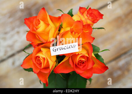 Gracias (ce qui signifie merci en espagnol) carte avec des roses oranges Banque D'Images